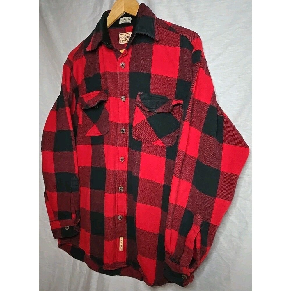 CE Schmidt Brawny Workwear Flannel Shirt Mens Med Heavy Lined Fleece Red Black - Picture 2 of 7